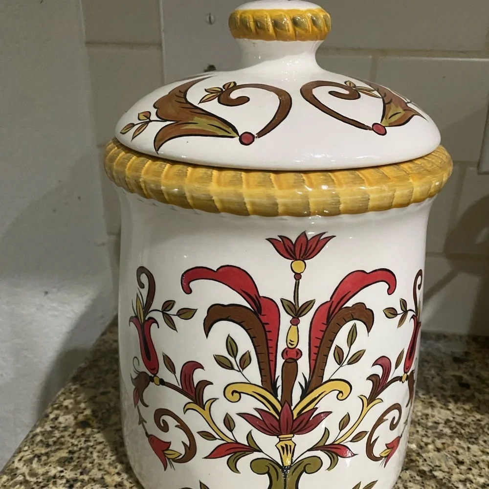 Pier 1 Earthenware Oralia Mediterranean Floral Discontinued Ceramic 11”Canister